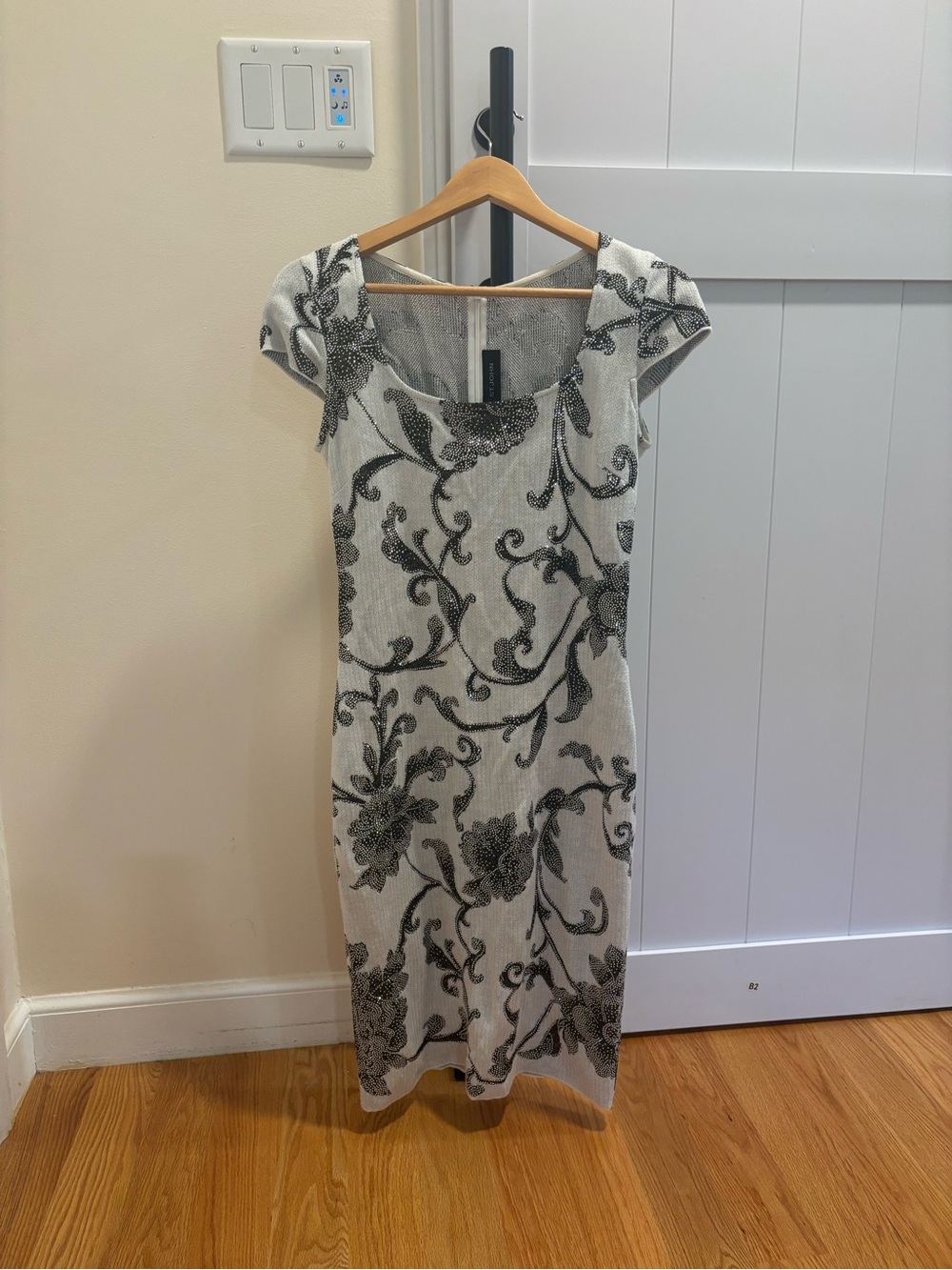 St. John White Midi Dress with Black Floral Embroidery